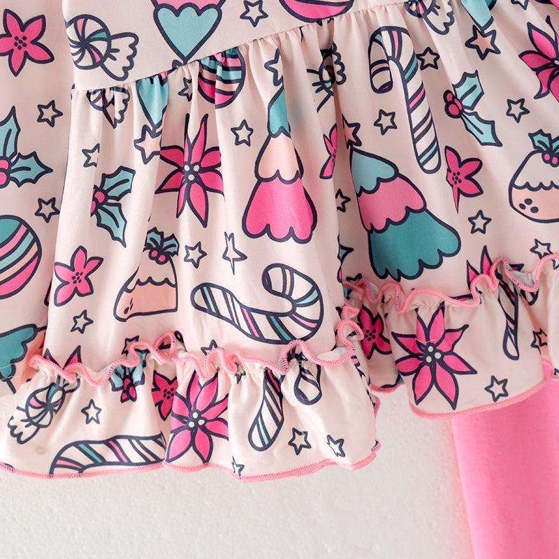 (In Stock)Girls Christmas Print Top Pink Pants Set