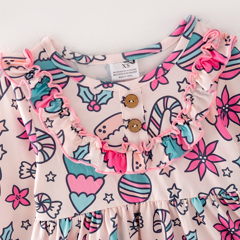 (In Stock)Girls Christmas Print Top Pink Pants Set