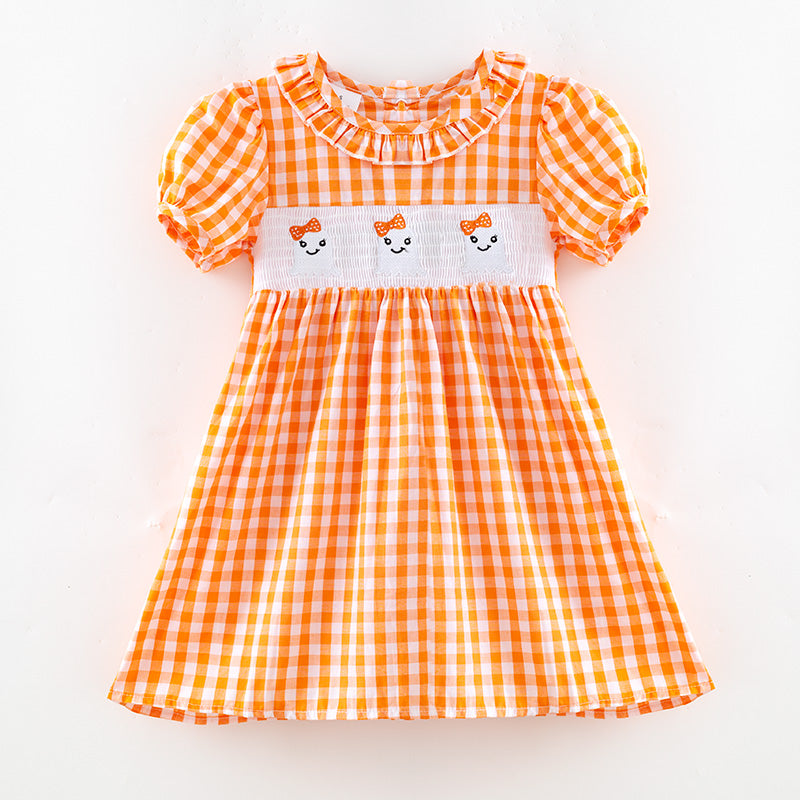 (In Stock)Girls Halloween Ghost Embroidery Smocked Cotton Dress