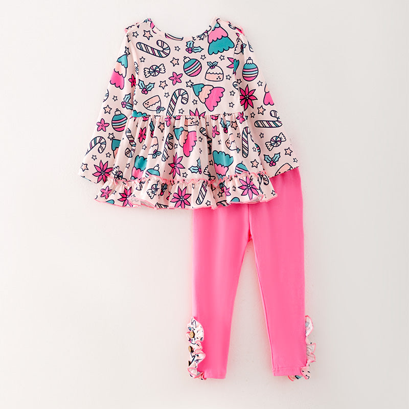 (In Stock)Girls Christmas Print Top Pink Pants Set
