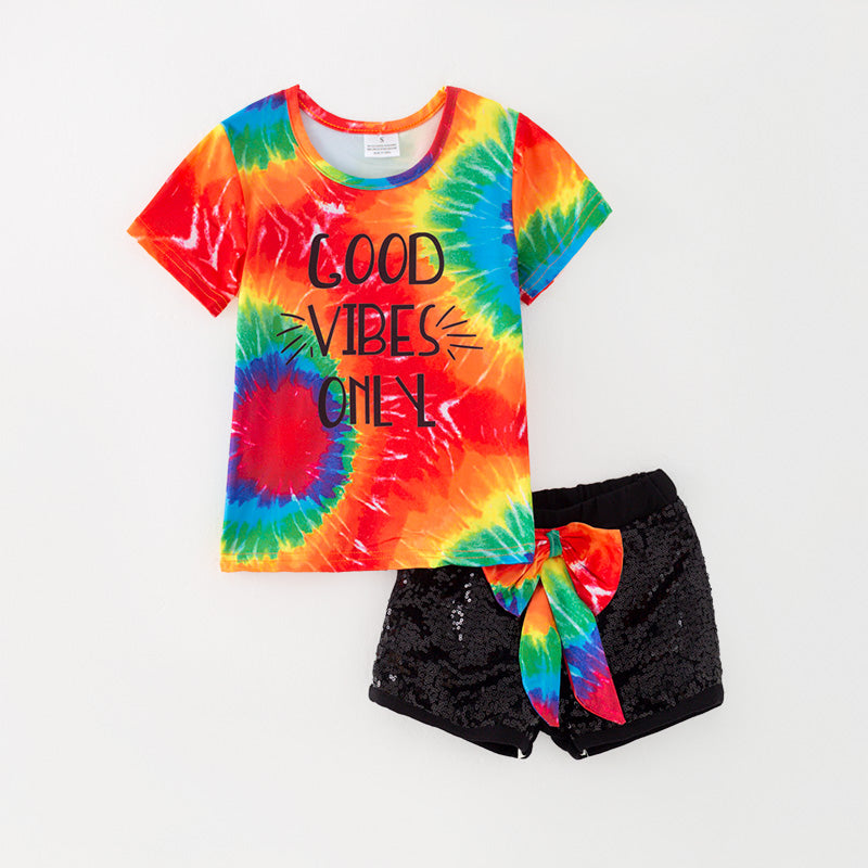 (In Stock)Girls Spring and Summer Good Vibes Only Print Shorts Set