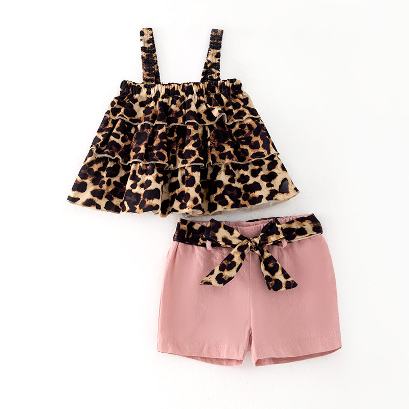 (In Stock)Girls Spring and Summer Leopard Print Halter Top Shorts Set