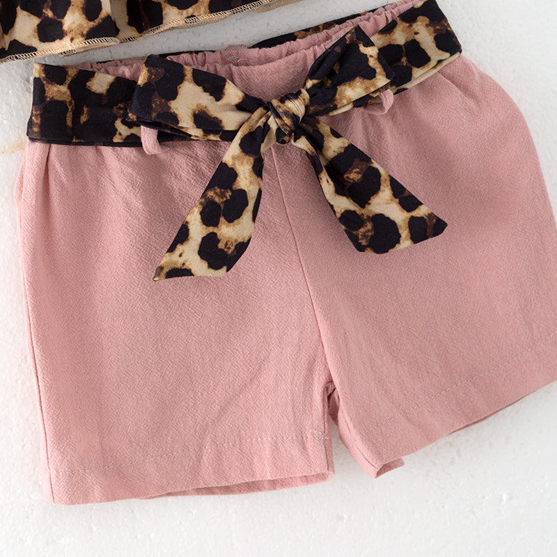 (In Stock)Girls Spring and Summer Leopard Print Halter Top Shorts Set