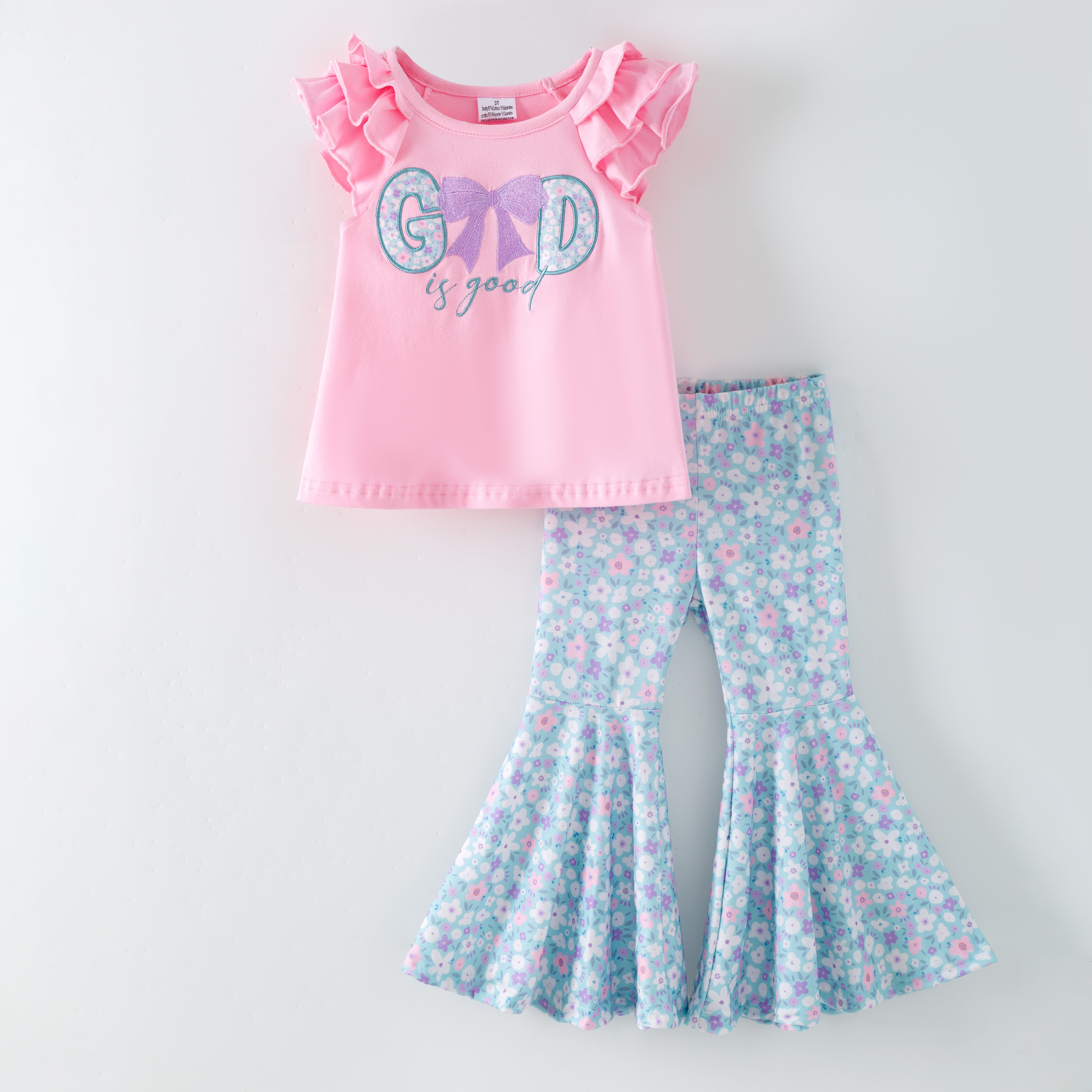 (In Stock)Girls Spring&Summer GOD is good Applique Ruffle Set&Romper