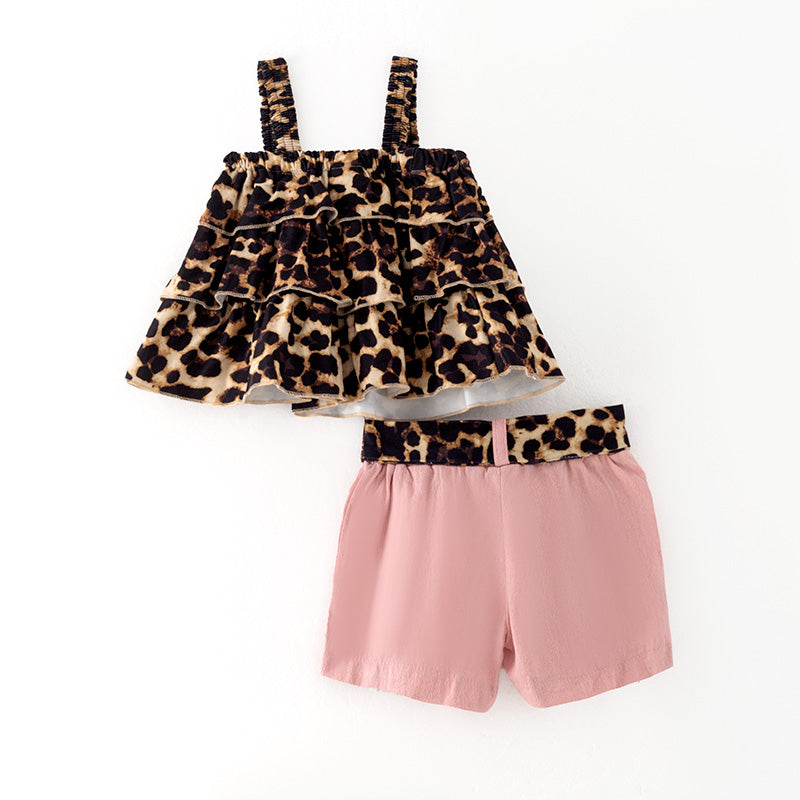 (In Stock)Girls Spring and Summer Leopard Print Halter Top Shorts Set