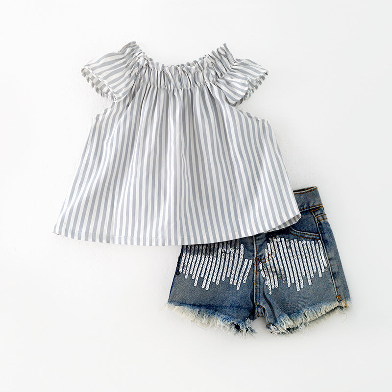 (In Stock)Girls Spring and Summer Grey Stripe Top Denim Shorts Set