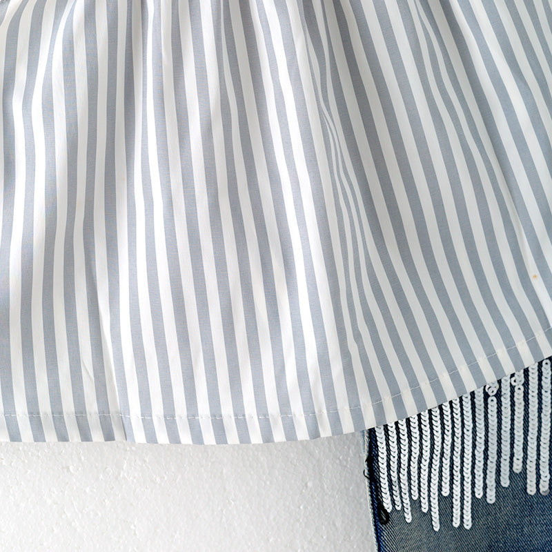 (In Stock)Girls Spring and Summer Grey Stripe Top Denim Shorts Set