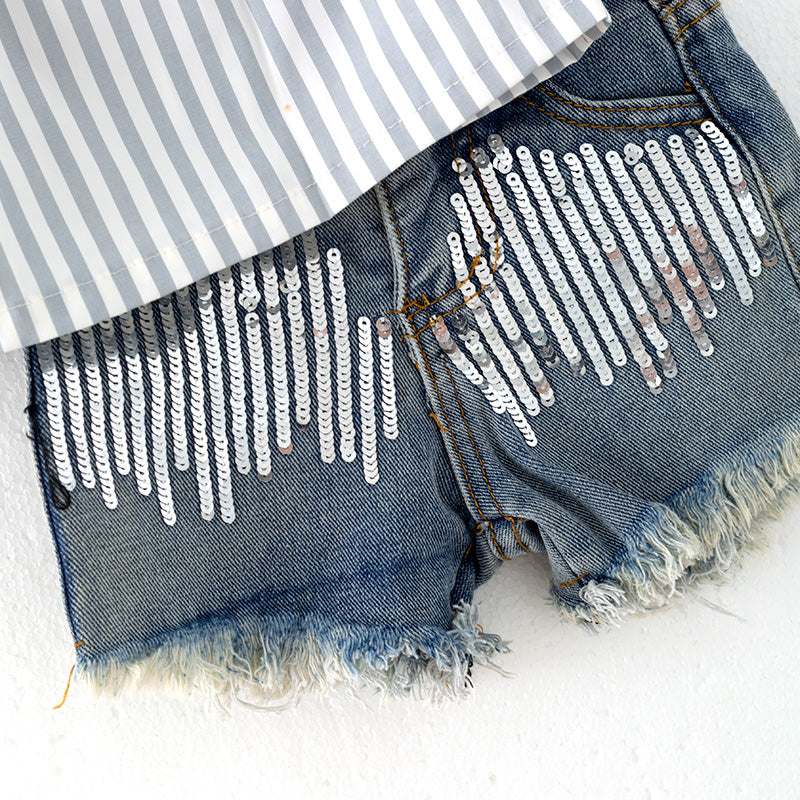 (In Stock)Girls Spring and Summer Grey Stripe Top Denim Shorts Set