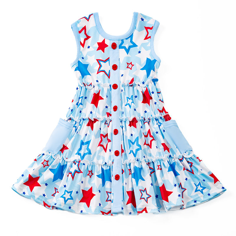(Pre Order)Patriotic Blue Star Print Sleeveless Dress