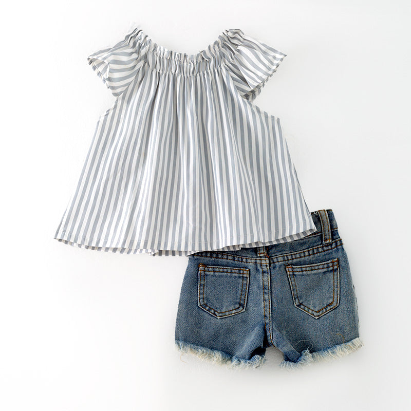 (In Stock)Girls Spring and Summer Grey Stripe Top Denim Shorts Set
