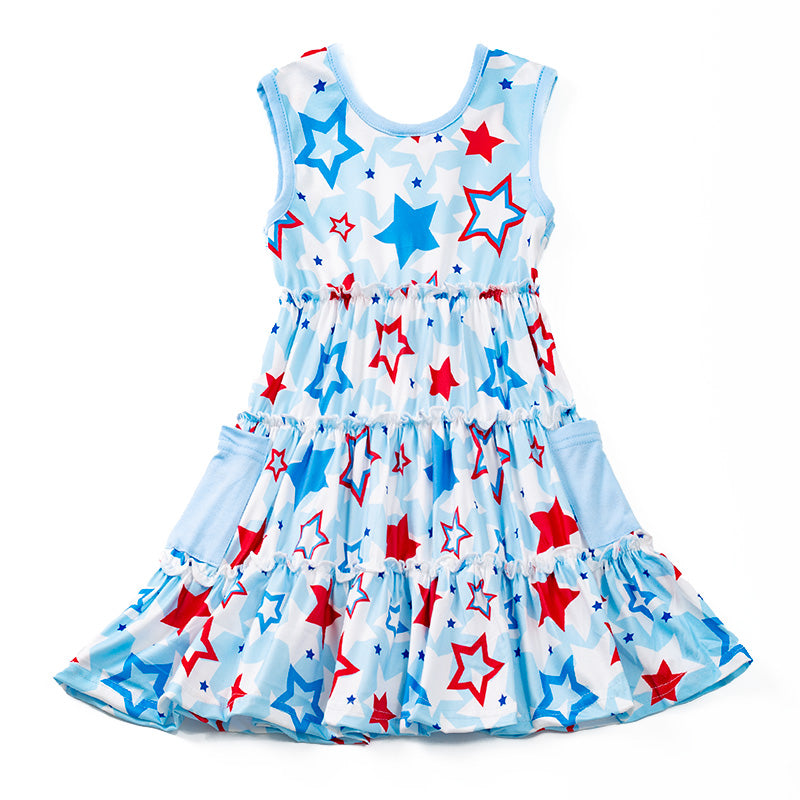(Pre Order)Patriotic Blue Star Print Sleeveless Dress