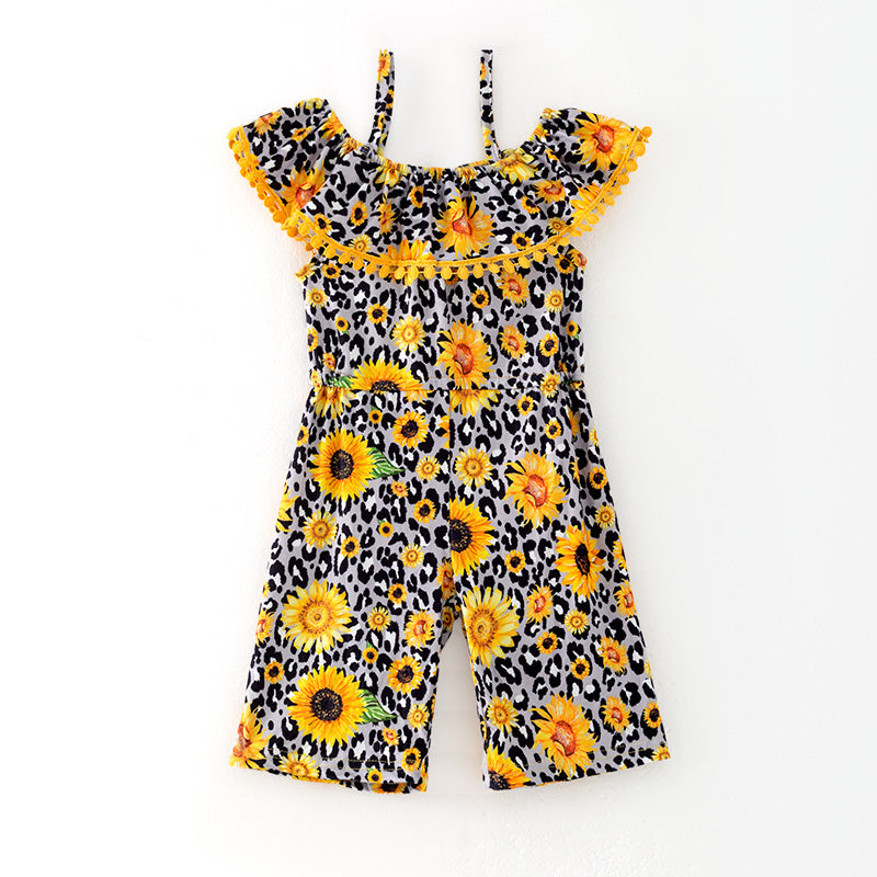 (In Stock)Girls Spring and Summer Sunflower Print Jumpsuit