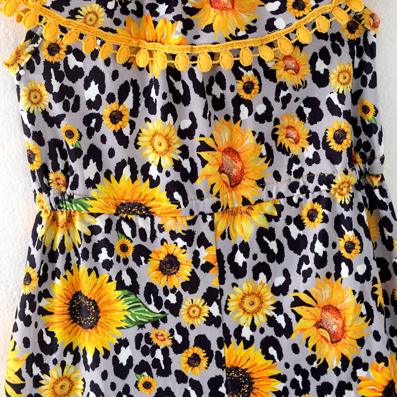 (In Stock)Girls Spring and Summer Sunflower Print Jumpsuit