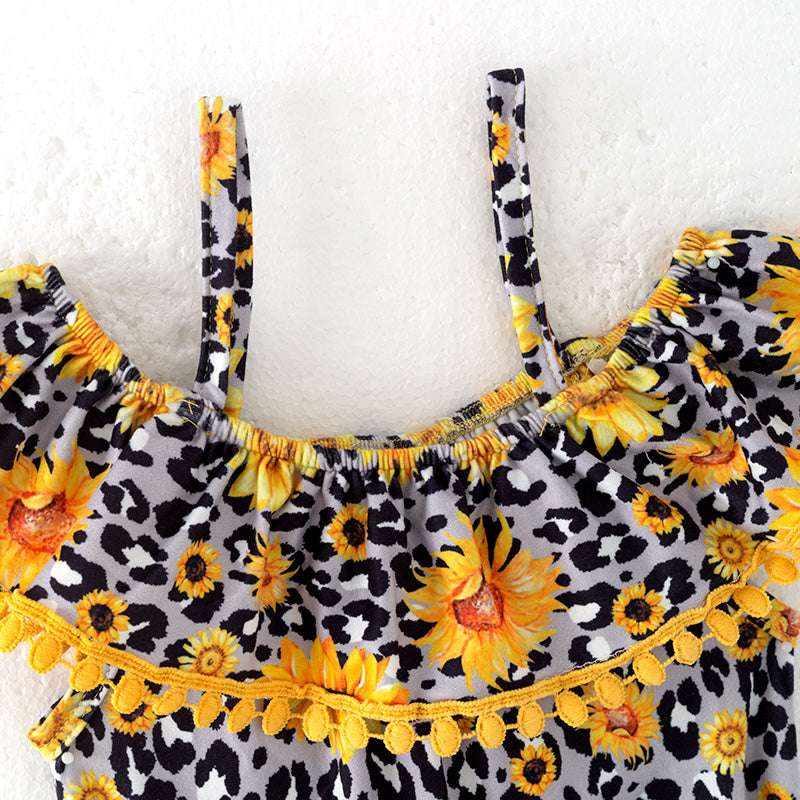 (In Stock)Girls Spring and Summer Sunflower Print Jumpsuit