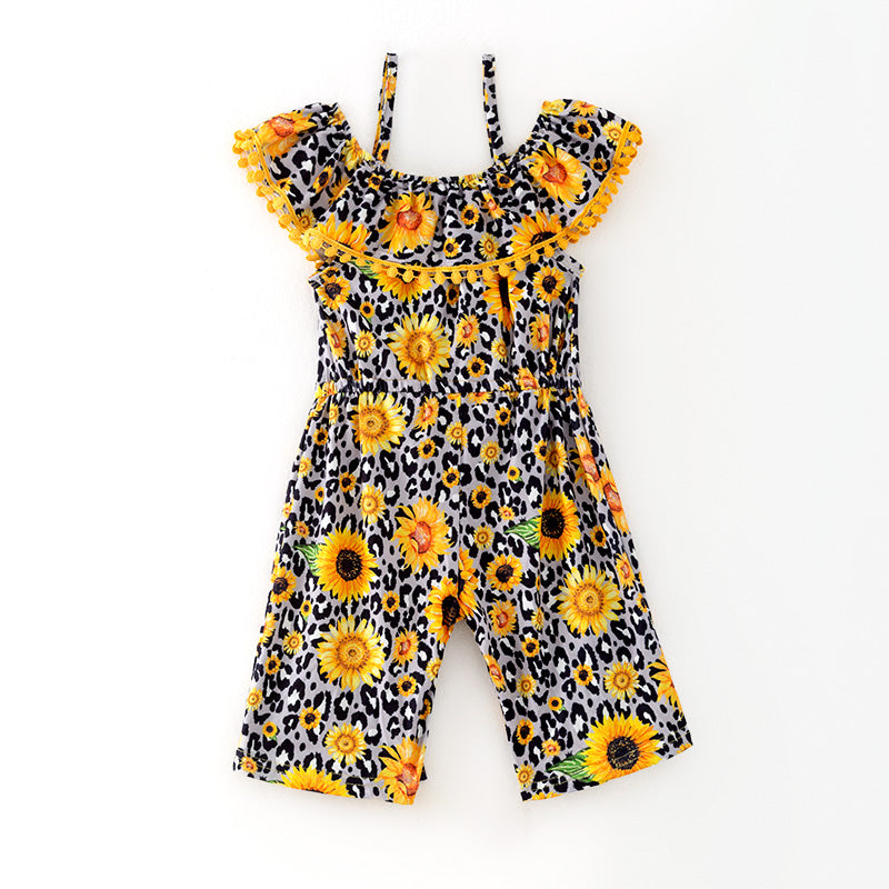 (In Stock)Girls Spring and Summer Sunflower Print Jumpsuit