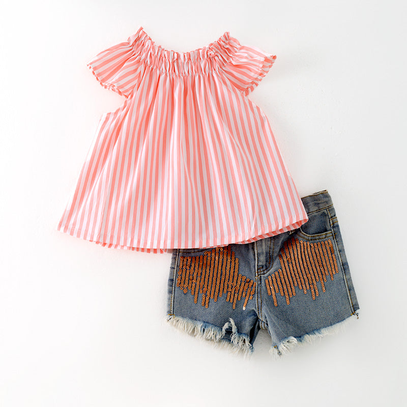 (In Stock)Girls Spring and Summer Pink Stripe Top Denim Shorts Set