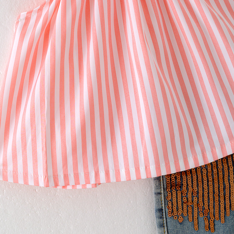 (In Stock)Girls Spring and Summer Pink Stripe Top Denim Shorts Set