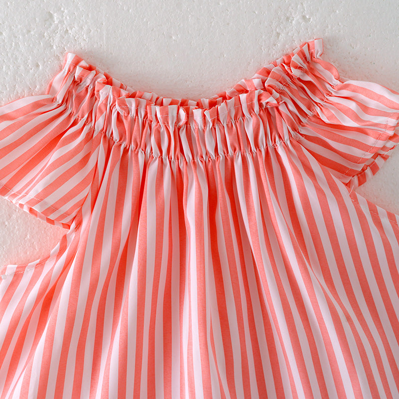 (In Stock)Girls Spring and Summer Pink Stripe Top Denim Shorts Set