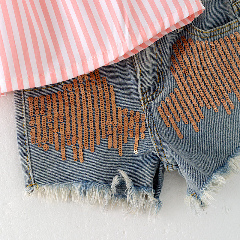 (In Stock)Girls Spring and Summer Pink Stripe Top Denim Shorts Set