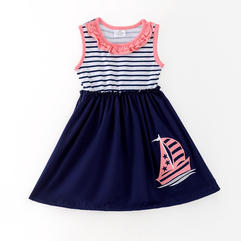 (In Stock)Girls Spring and Summer Ship Applique Stripe Dress