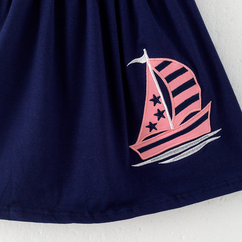 (In Stock)Girls Spring and Summer Ship Applique Stripe Dress
