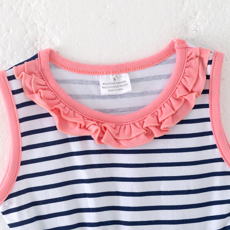 (In Stock)Girls Spring and Summer Ship Applique Stripe Dress