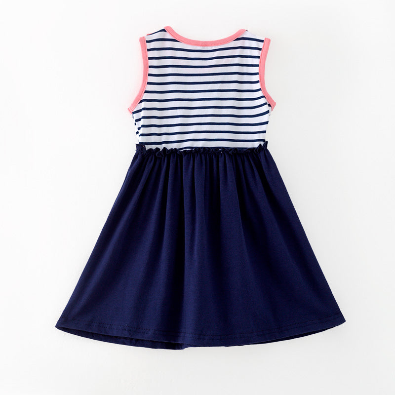 (In Stock)Girls Spring and Summer Ship Applique Stripe Dress