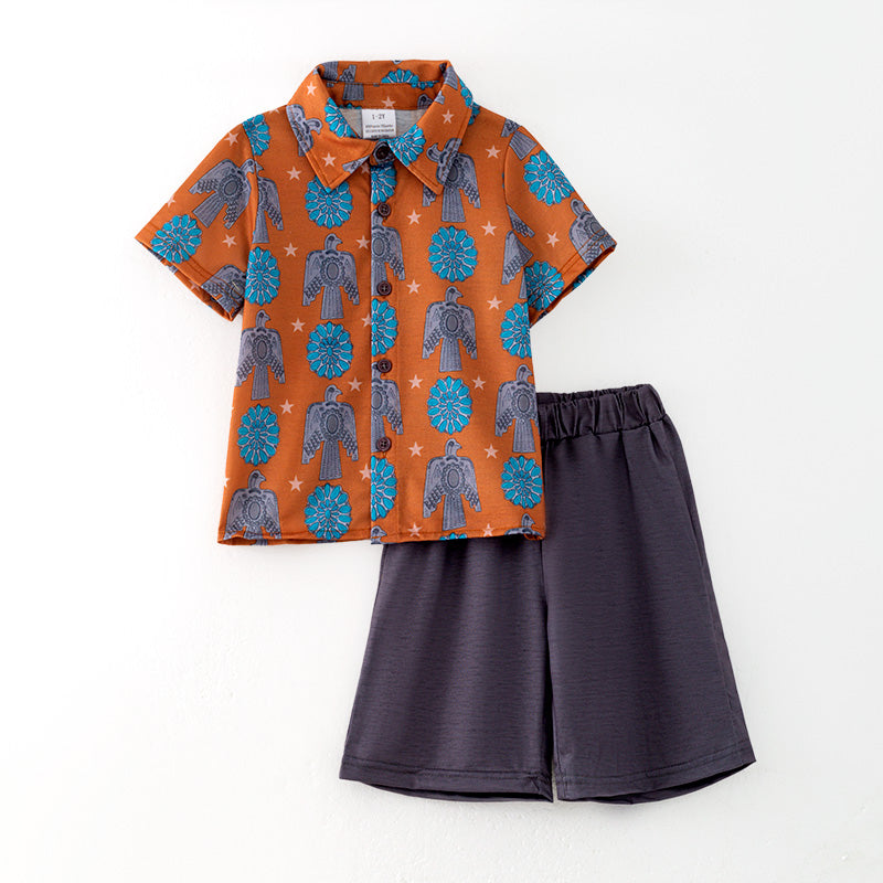 (In Stock)Boys Spring and Summer Eagle Print Shorts Set