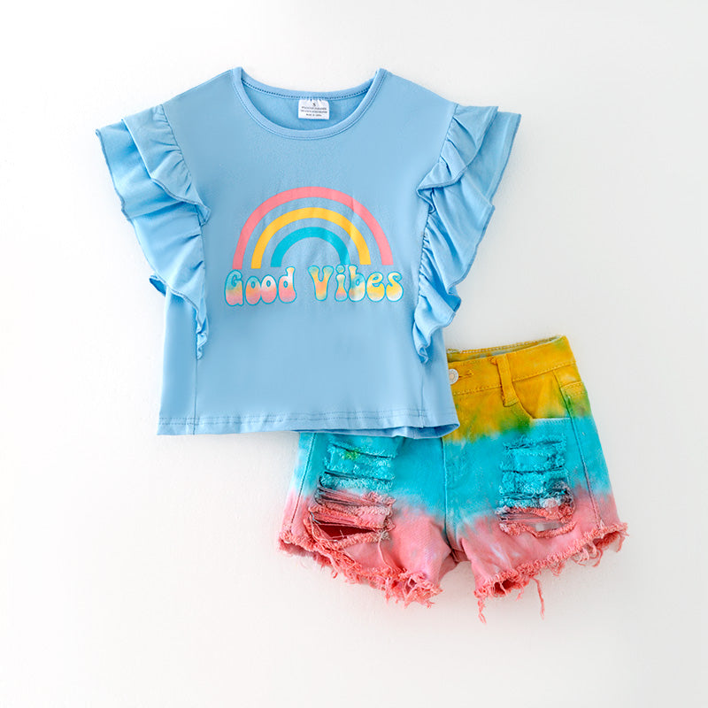(In Stock)Girls Spring and Summer Rainbow Print Denim Shorts Set