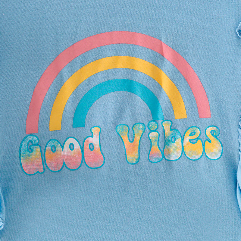 (In Stock)Girls Spring and Summer Rainbow Print Denim Shorts Set