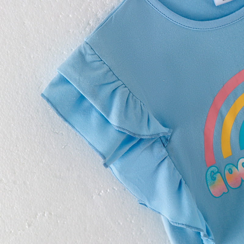 (In Stock)Girls Spring and Summer Rainbow Print Denim Shorts Set