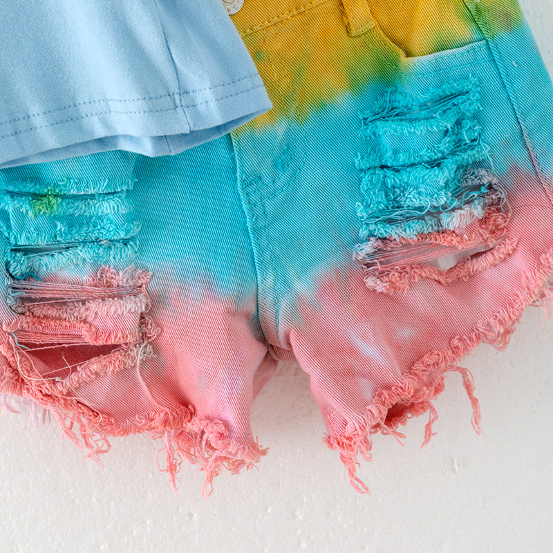 (In Stock)Girls Spring and Summer Rainbow Print Denim Shorts Set
