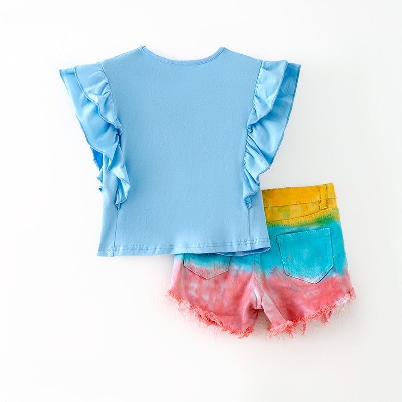 (In Stock)Girls Spring and Summer Rainbow Print Denim Shorts Set