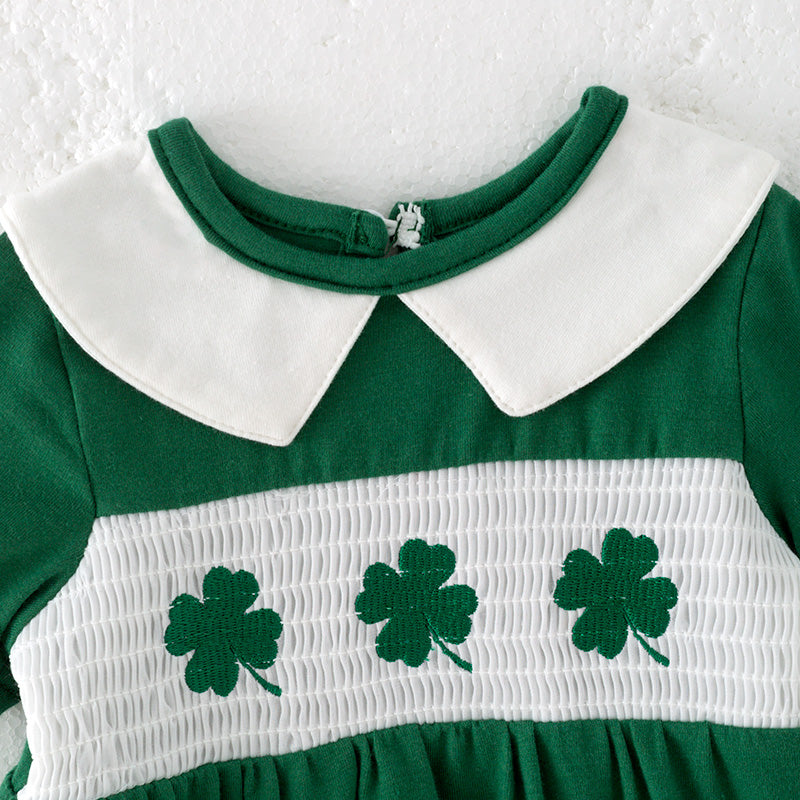 (In Stock)Toddler Girls St.Patrick's Day Shamrock Embroidery Smocked Romper