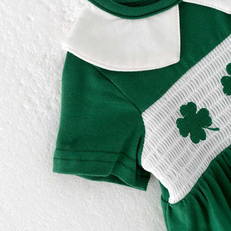 (In Stock)Toddler Girls St.Patrick's Day Shamrock Embroidery Smocked Romper