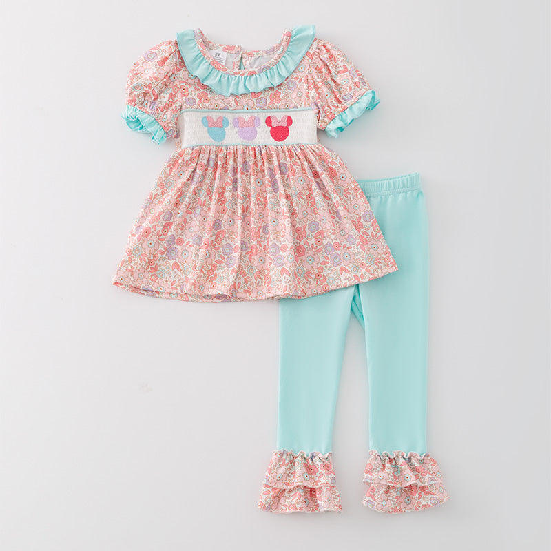 (In Stock)Girls Cartoon Embroidery Puff Sleeve Outfit Set