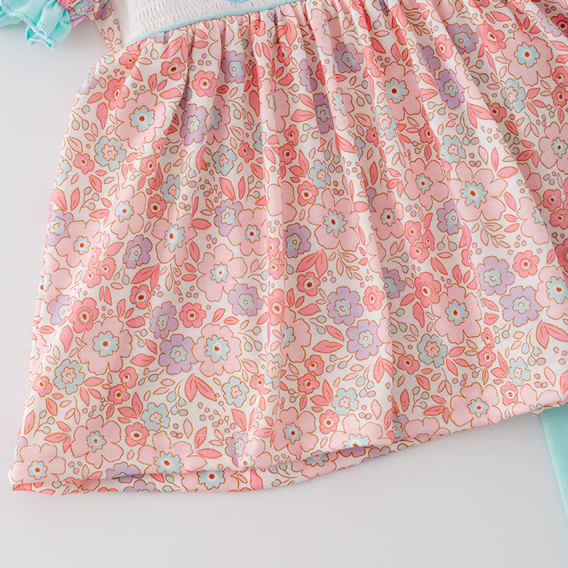 (In Stock)Girls Cartoon Embroidery Puff Sleeve Outfit Set