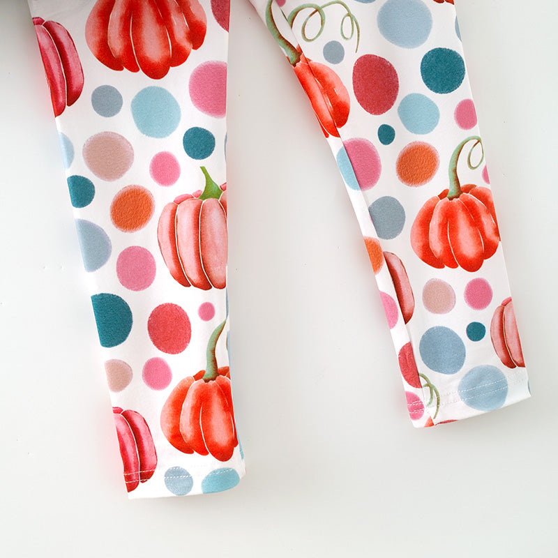 (In Stock)Girls Fall Cotton Top Pumpkin Print Pants Set with Scarf