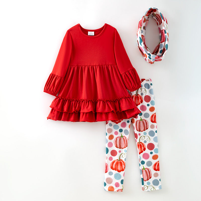 (In Stock)Girls Fall Cotton Red Top Pumpkin Print Pants Set with Scarf