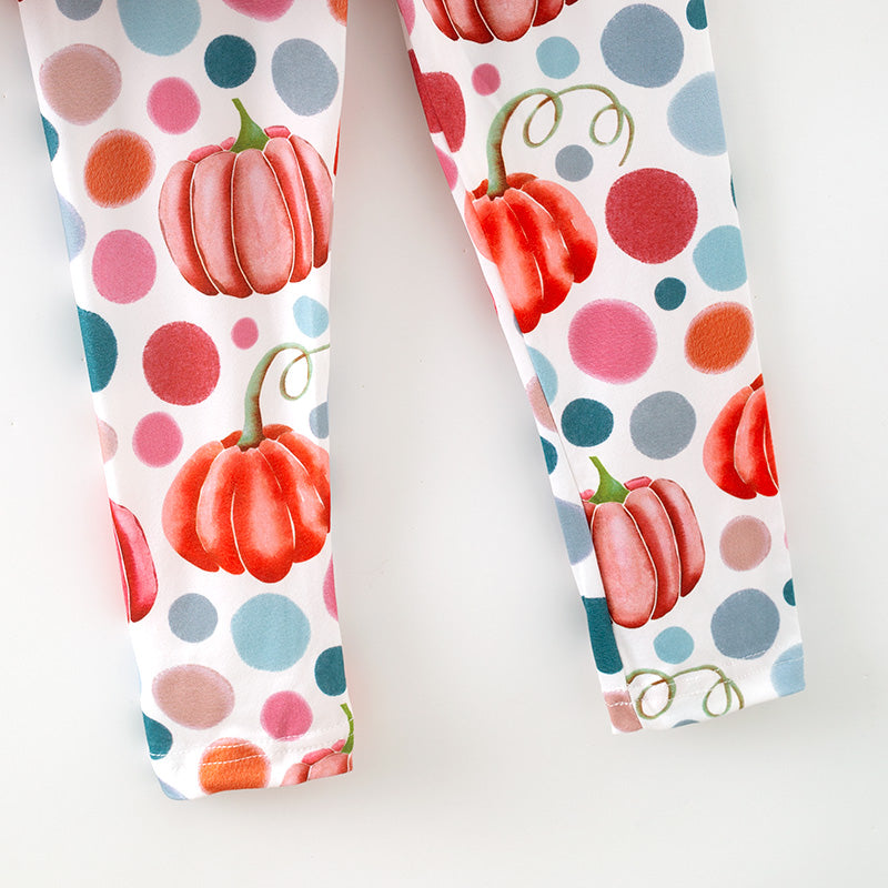(In Stock)Girls Fall Cotton Red Top Pumpkin Print Pants Set with Scarf