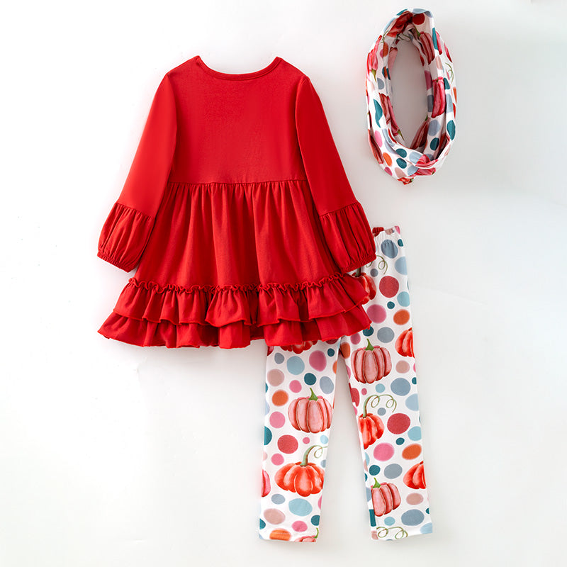 (In Stock)Girls Fall Cotton Red Top Pumpkin Print Pants Set with Scarf
