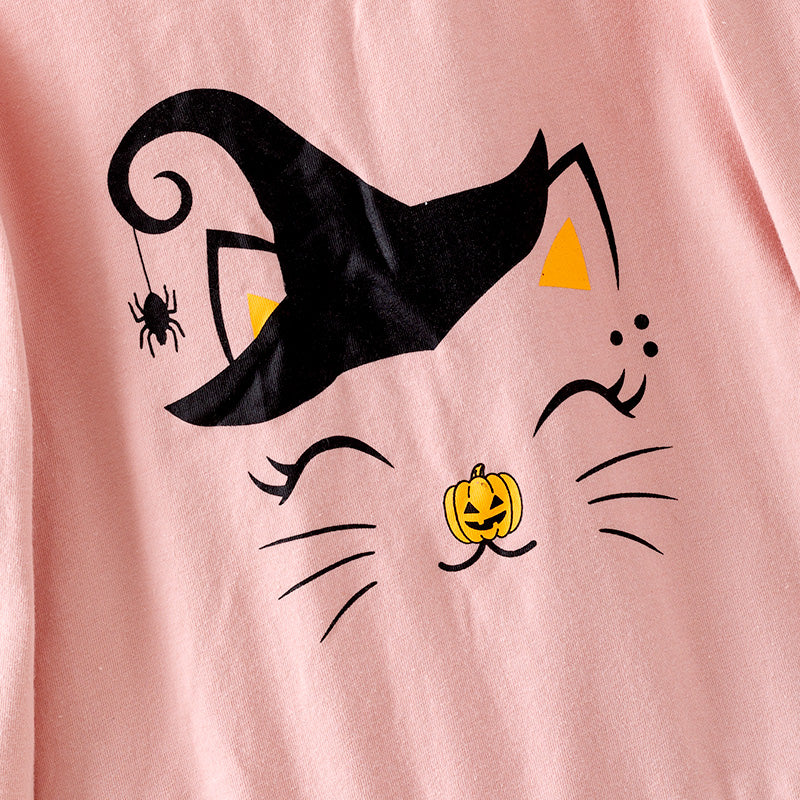 (In Stock)Girls Halloween Print Cotton Top Tulle Skirt Set