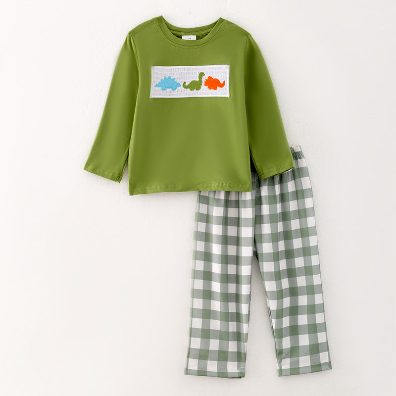 (In Stock G27-3-1)Boys Green Dinosaur Embroidery Outfit Set