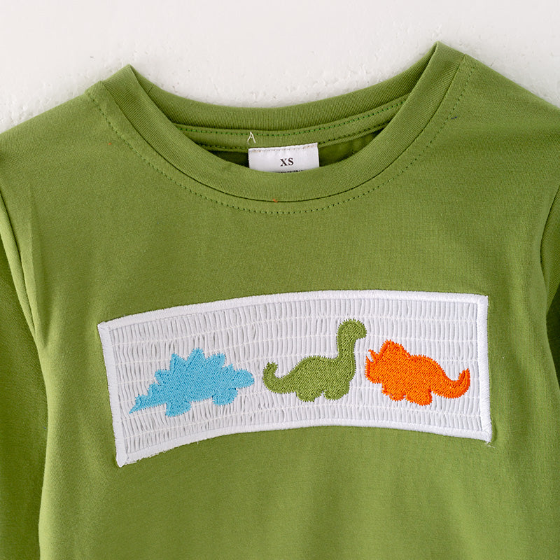 (In Stock G27-3-1)Boys Green Dinosaur Embroidery Outfit Set