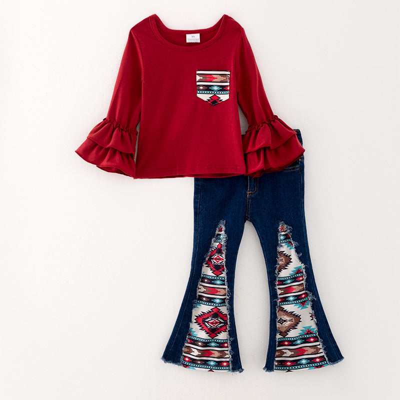(In Stock G25-3-1)Girls Red Top Denim Set