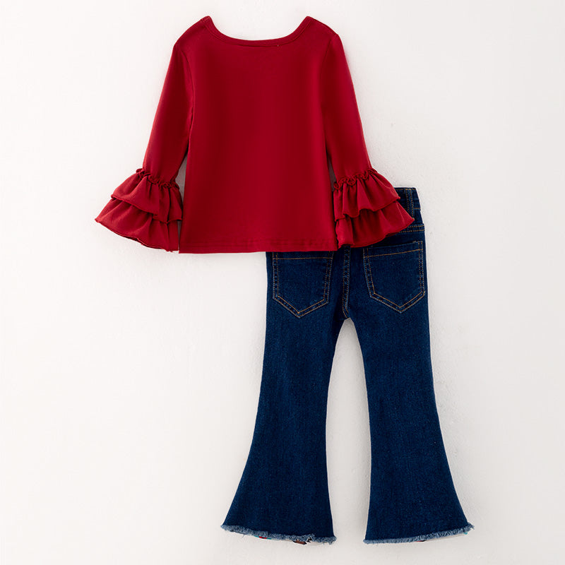 (In Stock G25-3-1)Girls Red Top Denim Set