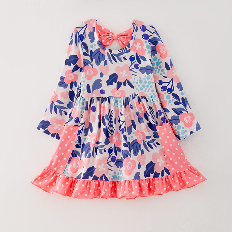 (In Stock G32-1-3)Girls Blue Floral Print Dress
