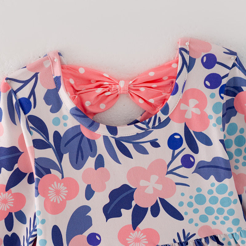 (In Stock G32-1-3)Girls Blue Floral Print Dress