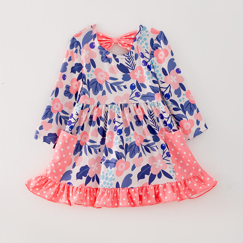 (In Stock G32-1-3)Girls Blue Floral Print Dress