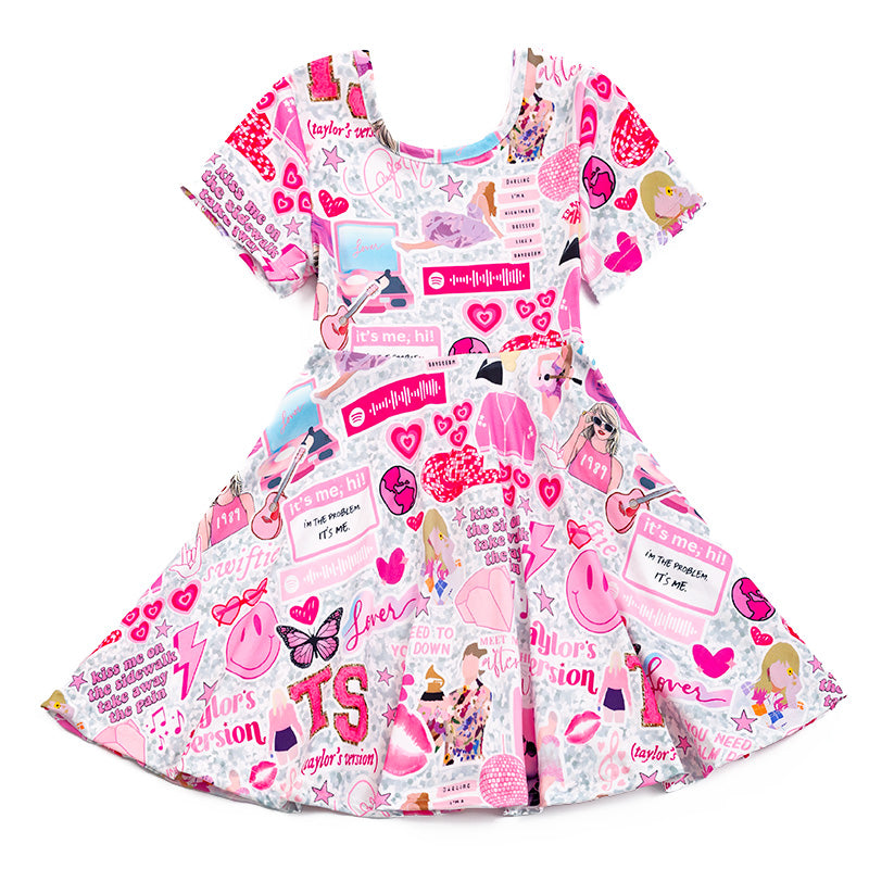 Pre Order)Girls TS Print Pink Dress
